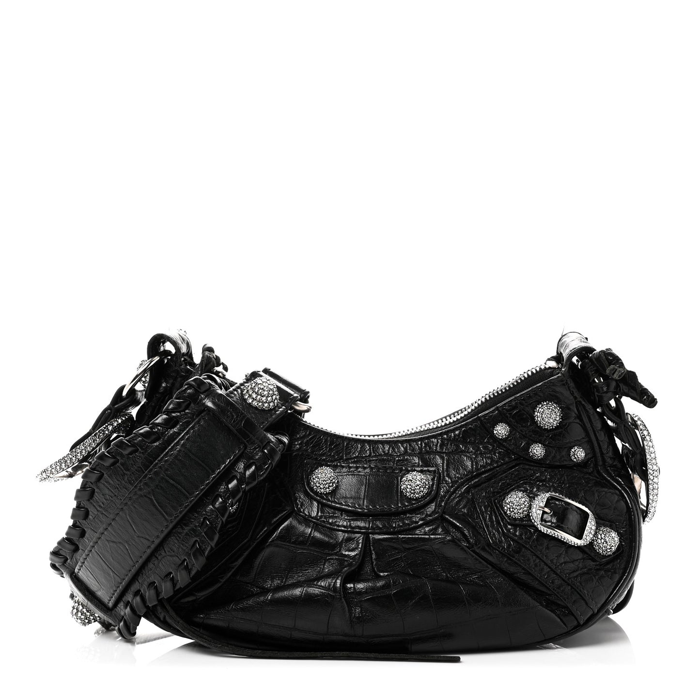 Extra Supple Calfskin Crystal Crocodile Embossed Le Cagole Shoulder Bag XS Black