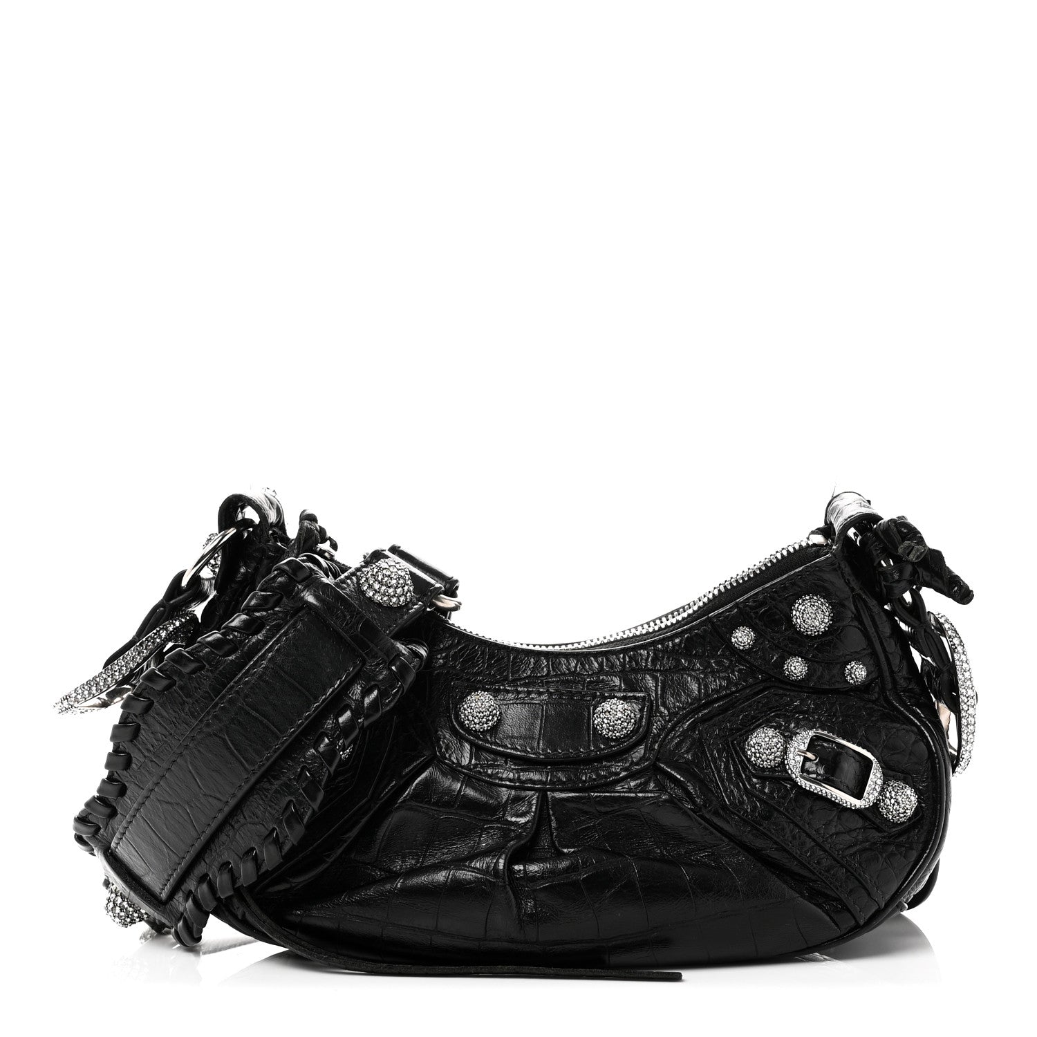 Balenciaga Extra Supple Calfskin Crystal Crocodile Embossed Le Cagole Shoulder Bag XS Black 1 of 11