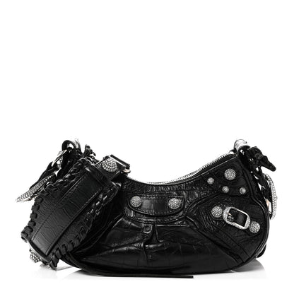 Balenciaga Extra Supple Calfskin Crystal Crocodile Embossed Le Cagole Shoulder Bag XS Black 1 of 11