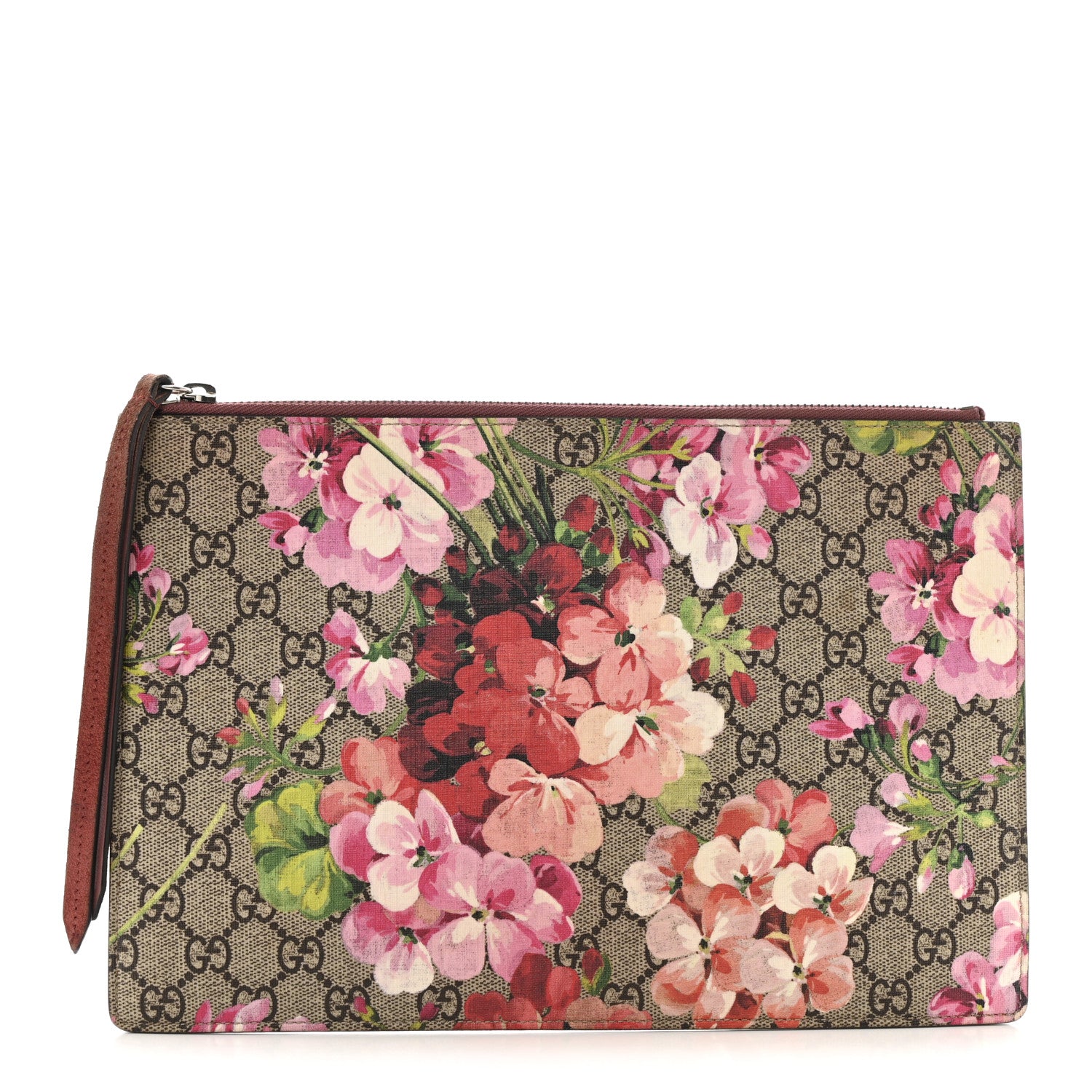 Gucci GG Supreme Monogram Blooms Suede Large Zip Pouch Beige Multicolor Dry Rose 1 of 10