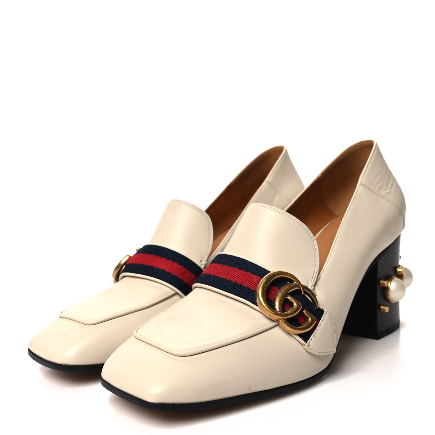 Gucci Betis Glamour Calfskin Web Pearl Embellished Peyton 75mm Loafer Pumps 40 Mystic White 3 of 8