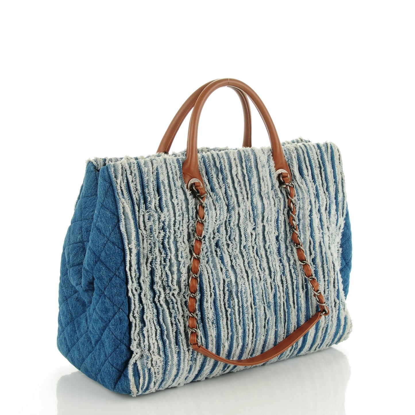 Denim Fringe Large Shopping Tote Blue