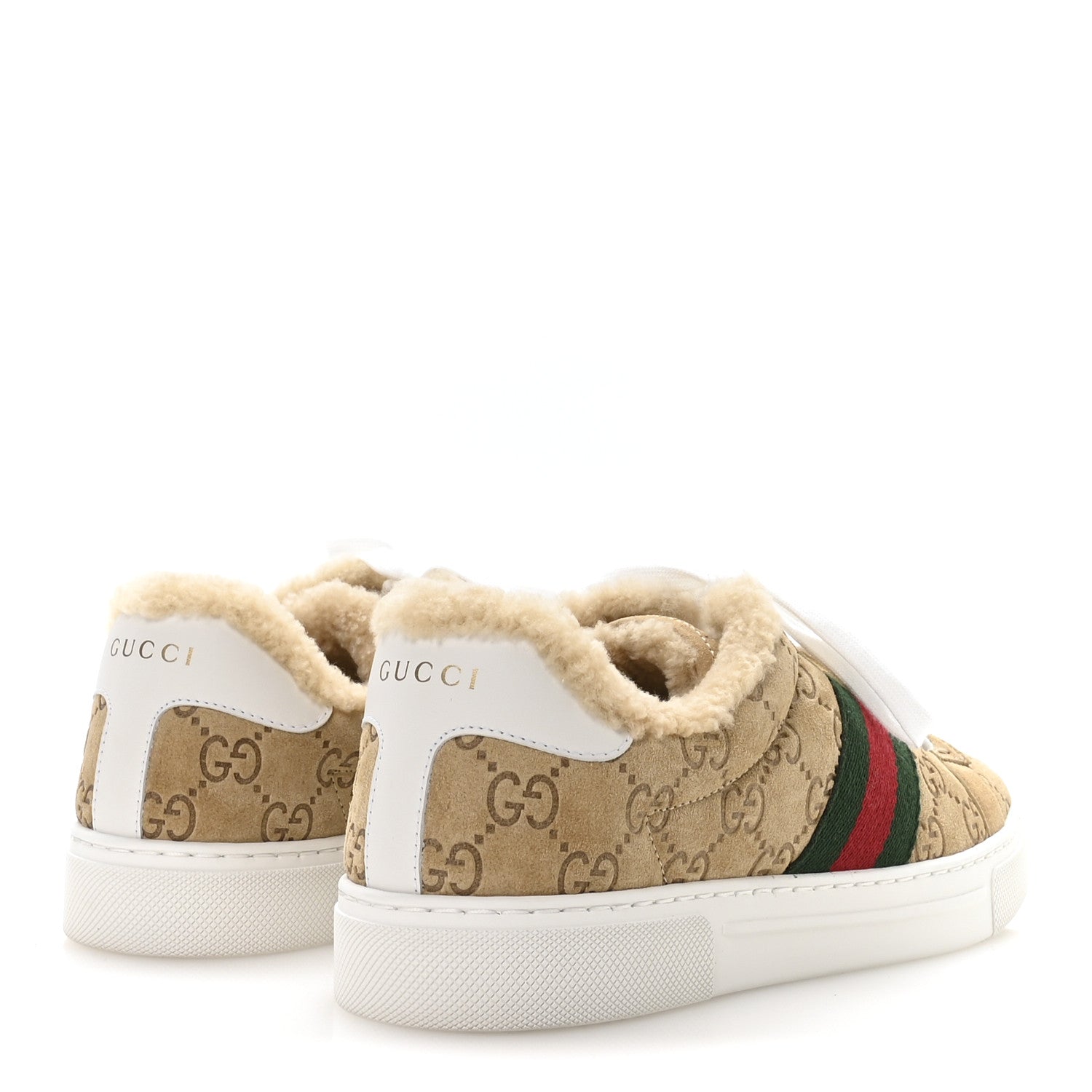 Gucci Suede Shearling Prestige GG Monogram Web Womens Ace Sneakers 37.5 Beige White Multicolor Mystic White 5 of 9