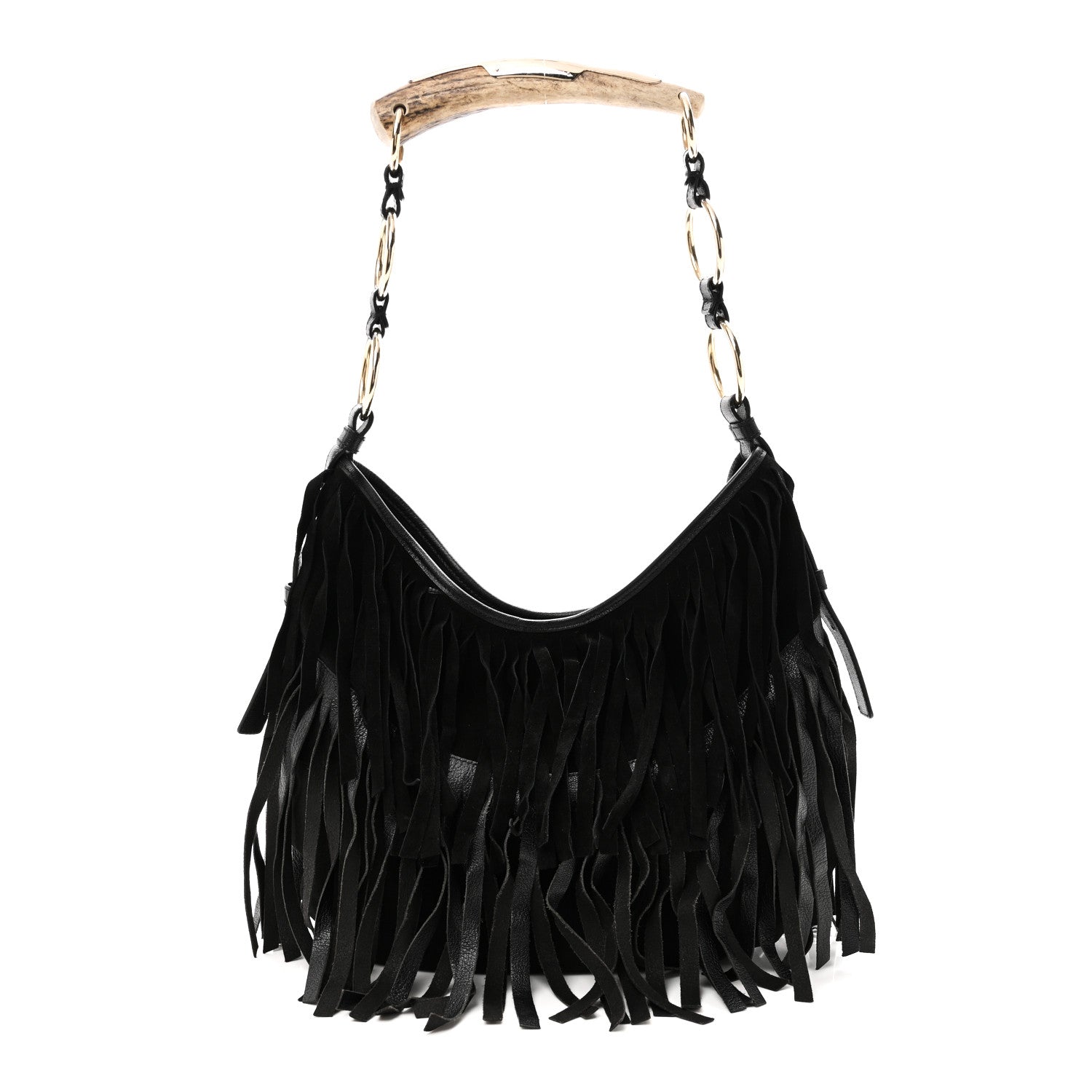 Saint Laurent Suede Calfskin Fringe Buffalo Horn Mombasa Hobo Black 1 of 11