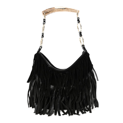 Saint Laurent Suede Calfskin Fringe Buffalo Horn Mombasa Hobo Black 1 of 11
