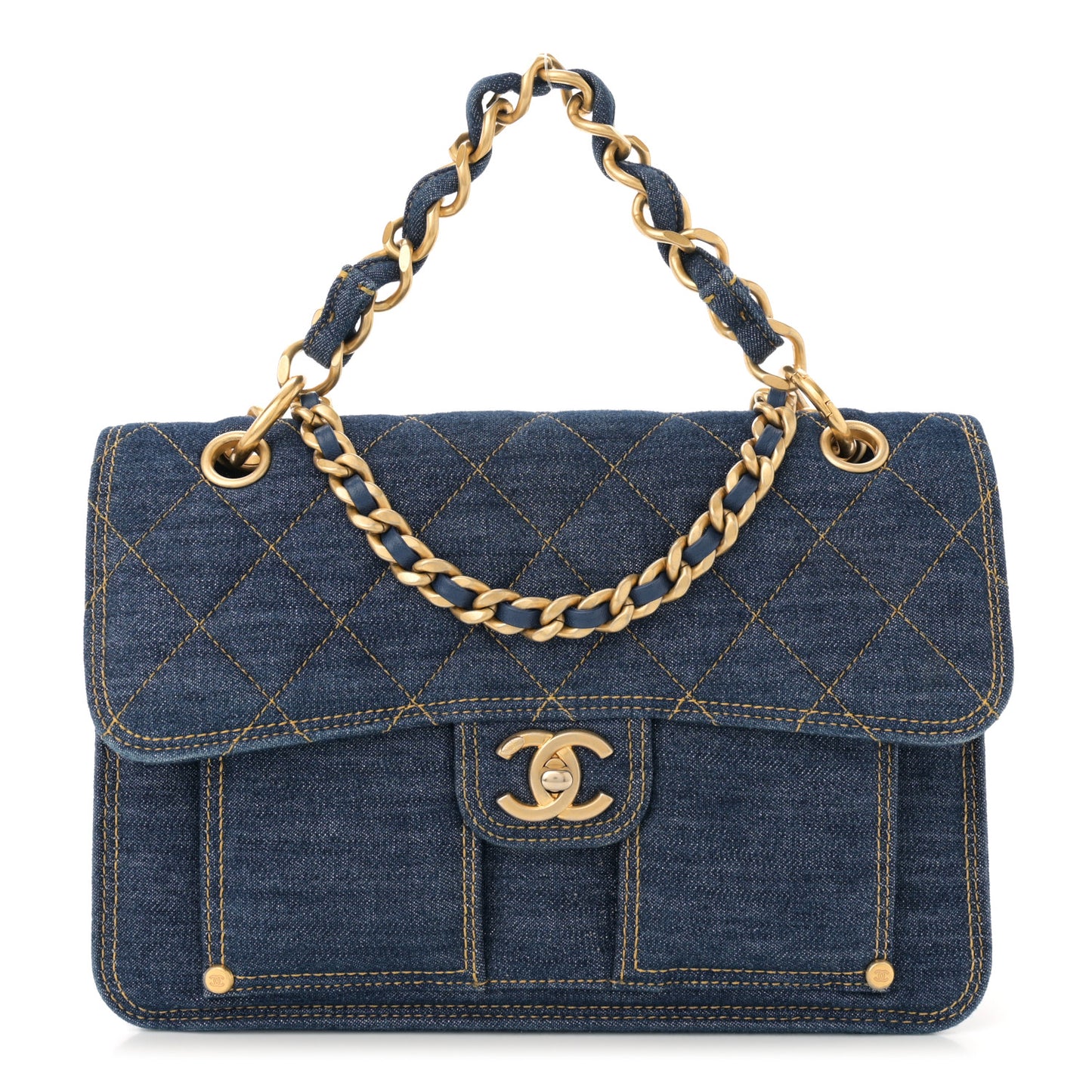Denim Quilted Large Double You Flap Blue Golden