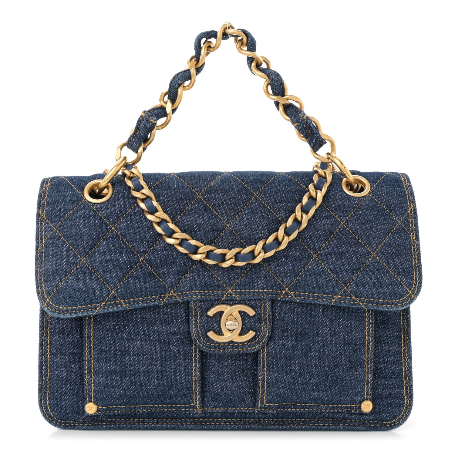 Chanel Denim Quilted Large Double You Flap Blue Golden 1 of 12