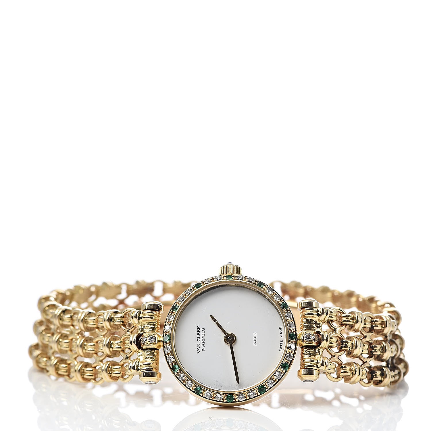 Van Cleef & Arpels 18K Yellow Gold Diamond Emerald 21mm Classic Quartz Watch 3 of 8