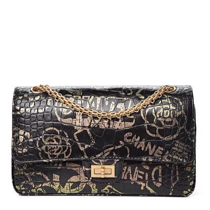 Chanel Calfskin Crocodile Embossed Graffiti 2.55 Cocodile Reissue 225 Flap Black Pink 1 of 13