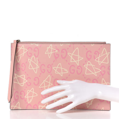 Gucci Calfskin GucciGhost Print Zip Pouch Perfect Pink Rosa Ivory 2 of 9