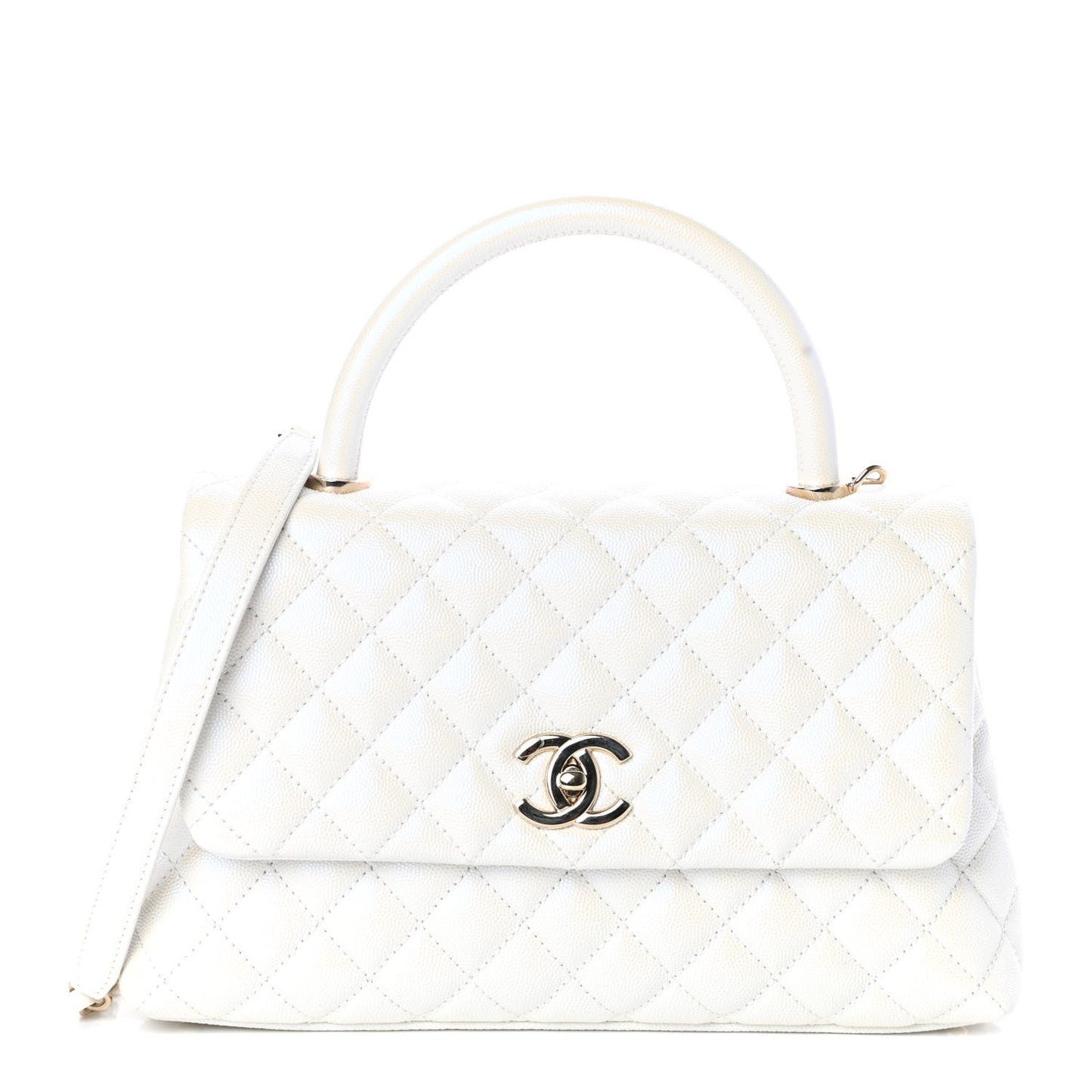 Iridescent Caviar Quilted Small Coco Handle Flap White