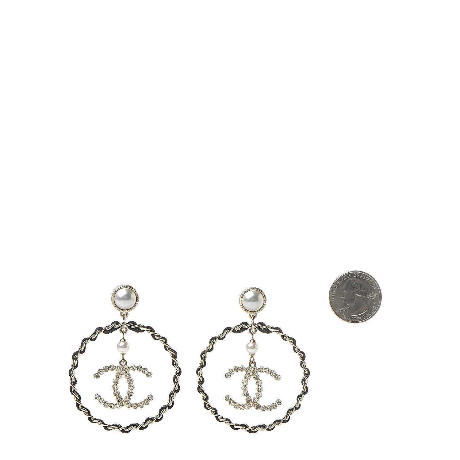Chanel Lambskin Crystal Pearl CC Chain Hoop Earrings Gold Black 2 of 5