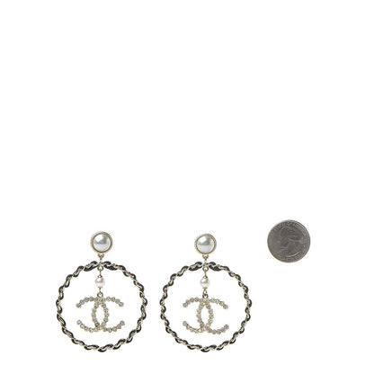 Chanel Lambskin Crystal Pearl CC Chain Hoop Earrings Gold Black 2 of 5