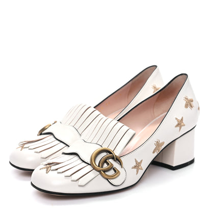 Gucci Quentin Goatskin Bee Star Embroidered GG Marmont Fringe 50mm Loafer Pumps 38 Mystic White 3 of 9