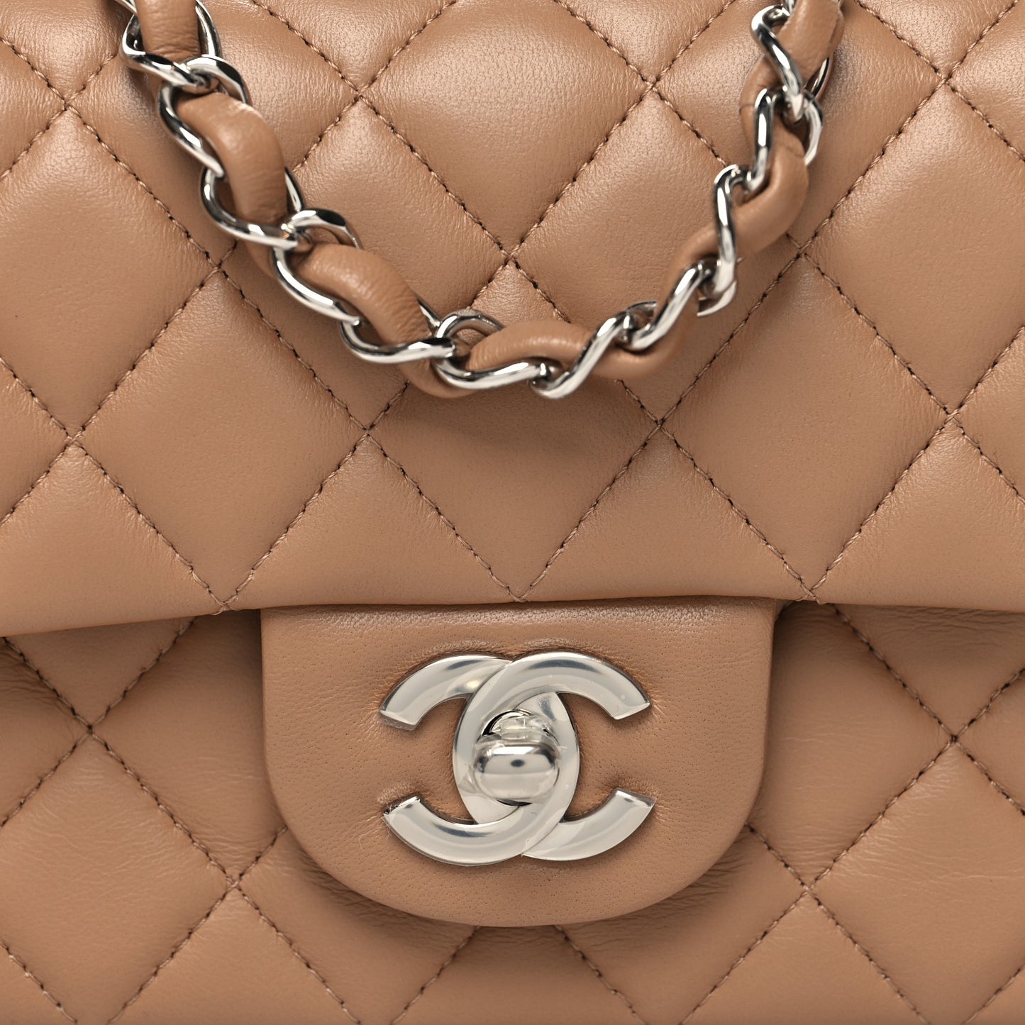 Lambskin Quilted Mini Rectangular Flap Dark Beige