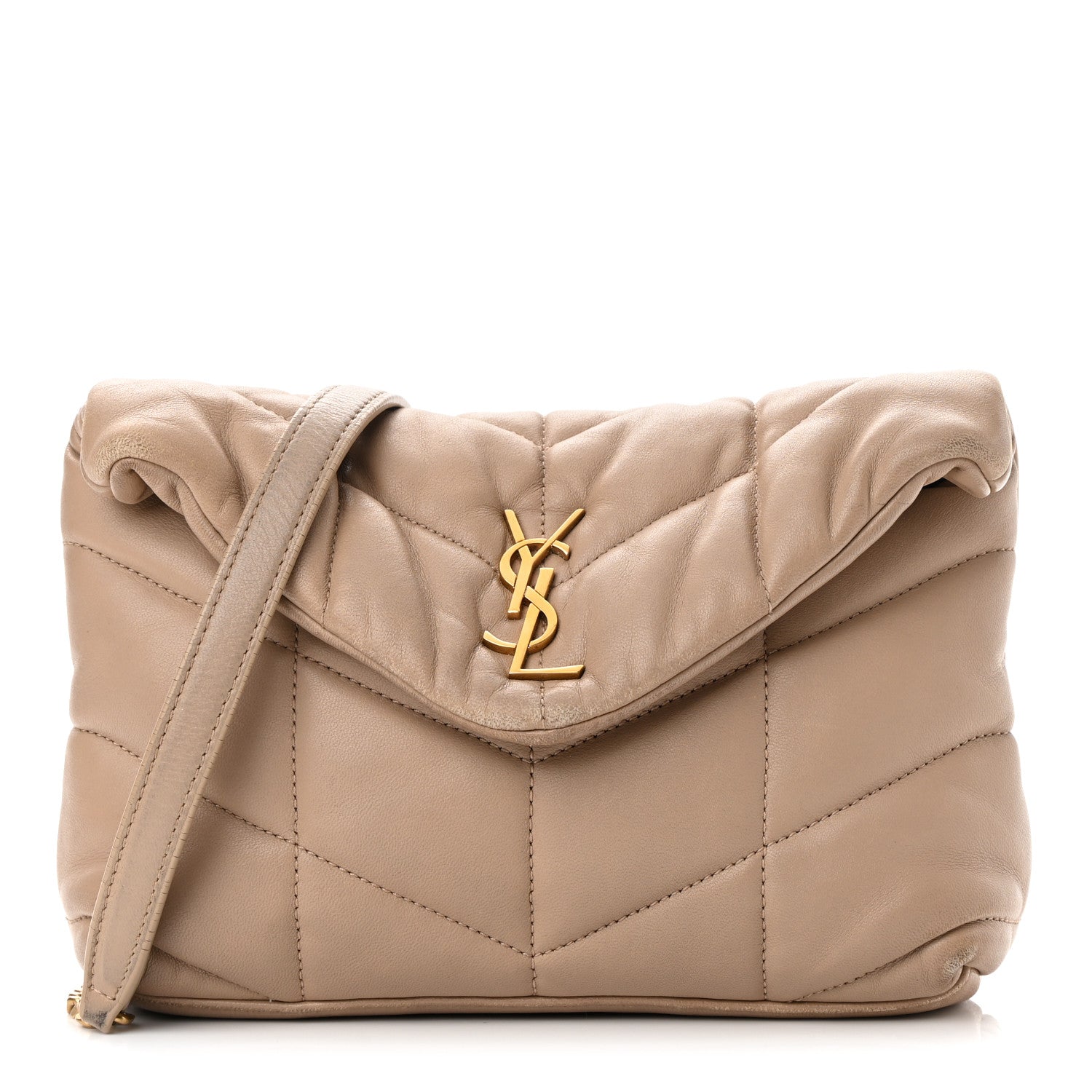 Saint Laurent Lambskin Quilted Toy Loulou Puffer Monogram Chain Satchel Dark Beige 1 of 20
