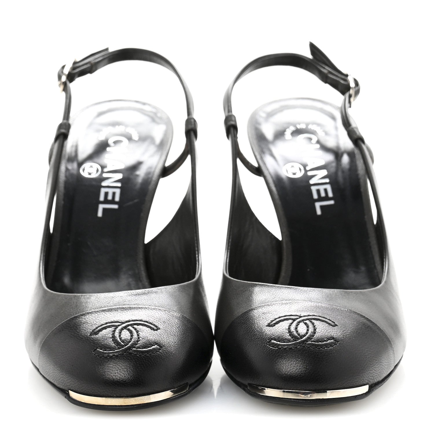 Chanel Lambskin Cap Toe CC Slingback Heels 39.5 Dark Grey Black 3 of 12