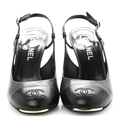 Chanel Lambskin Cap Toe CC Slingback Heels 39.5 Dark Grey Black 3 of 12
