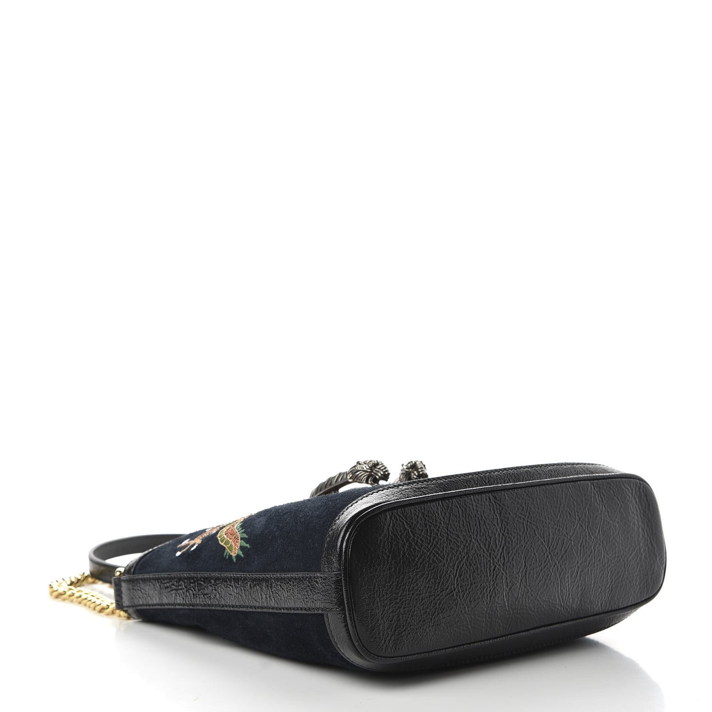 Suede Patent Dragon Embroidered Medium Dionysus Bucket Bag Dark Blue