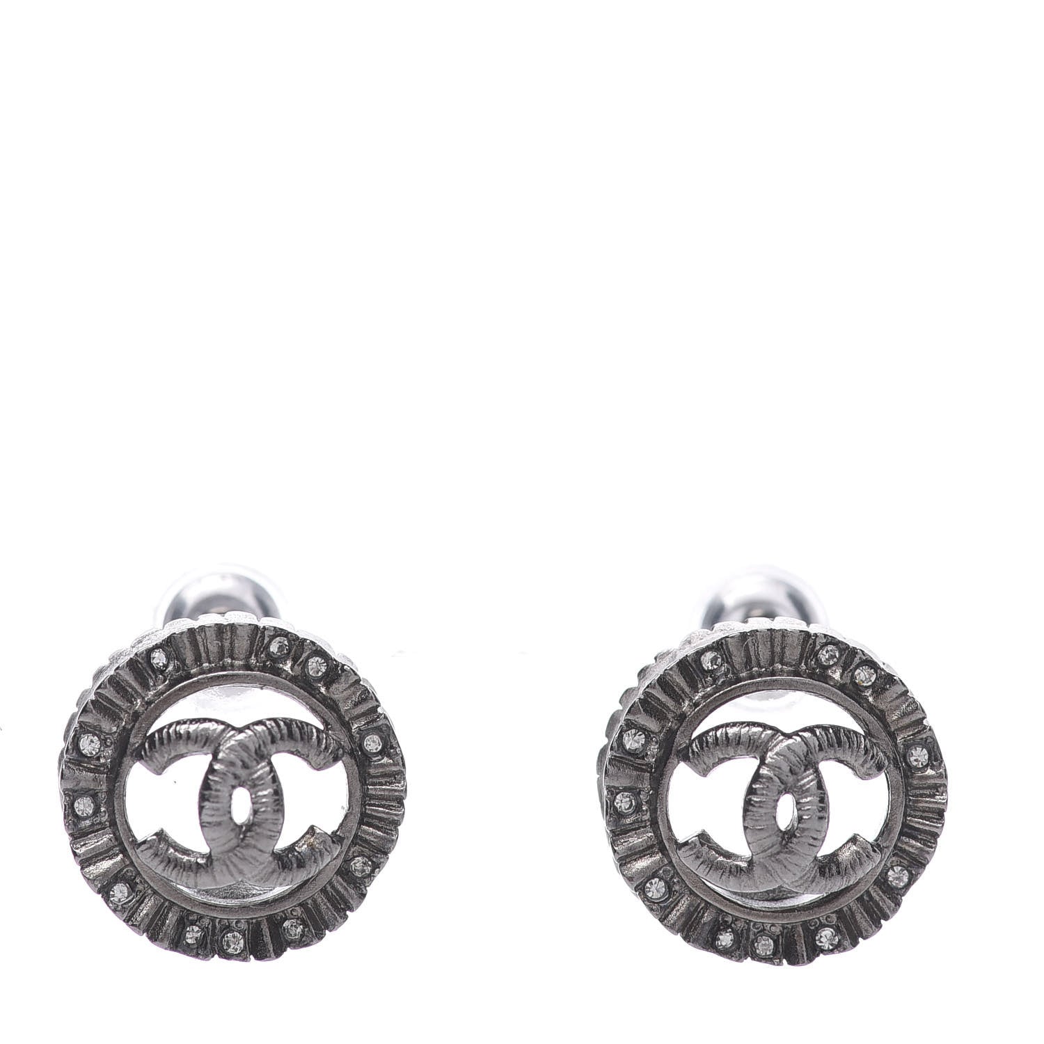 Chanel Ruthenium Crystal CC Round Earrings Silver 1 of 5