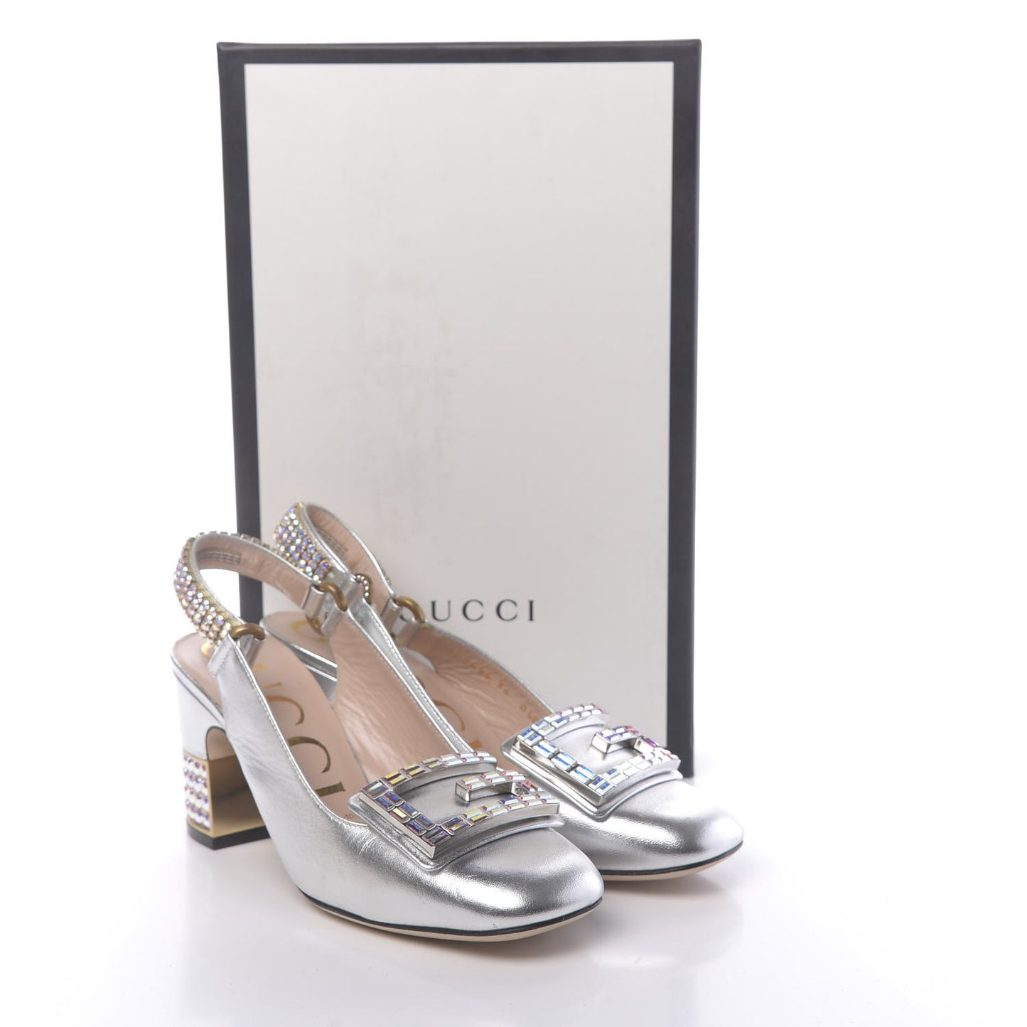Metallic Nappa Crystal Square G Madelyn Slingbacks 36 Silver
