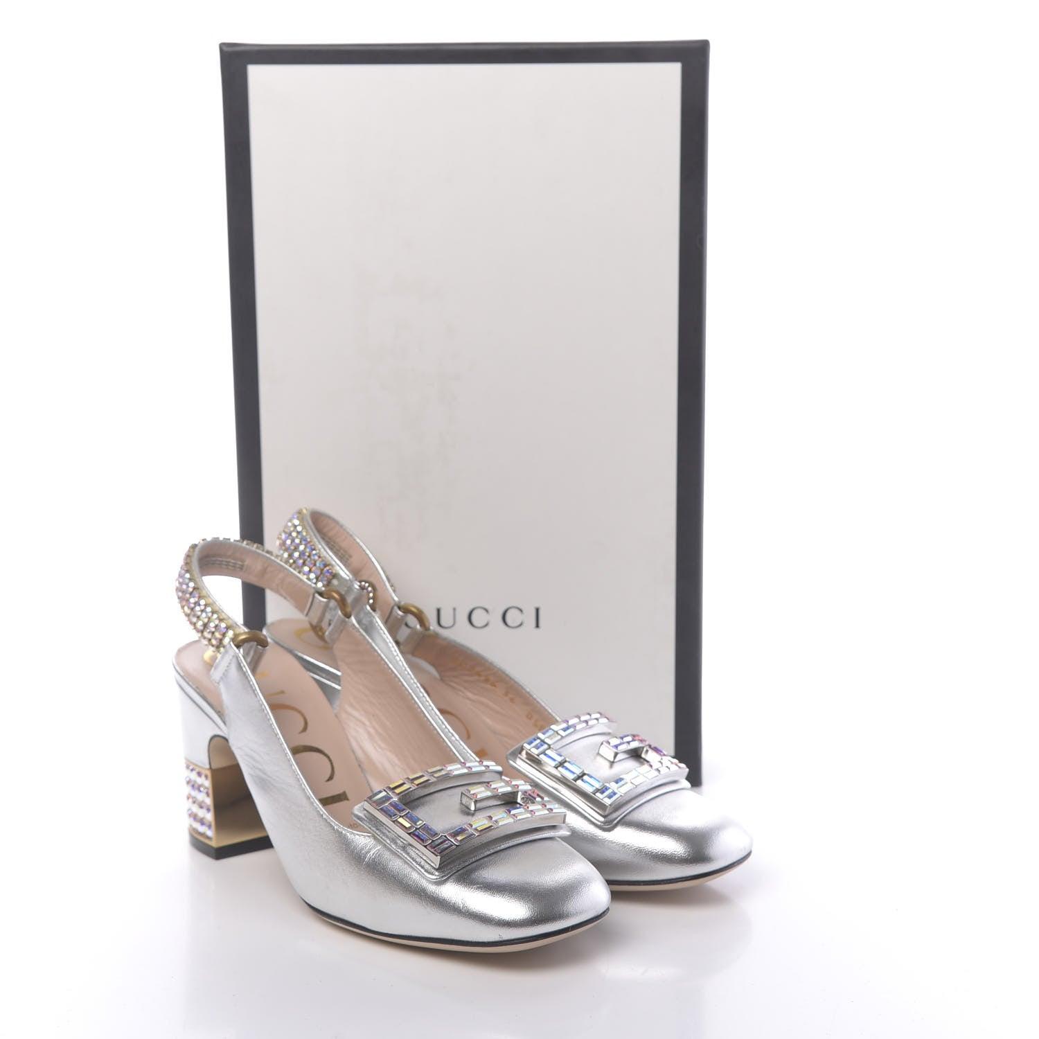 Gucci Metallic Nappa Crystal Square G Madelyn Slingbacks 36 Silver 10 of 10