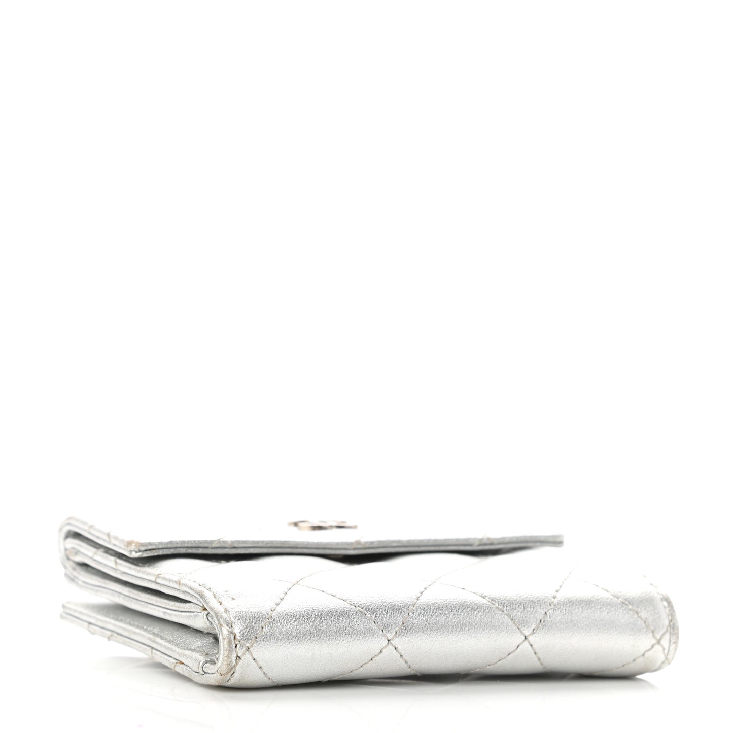 Metallic Lambskin Quilted Compact French Flap Wallet Silver