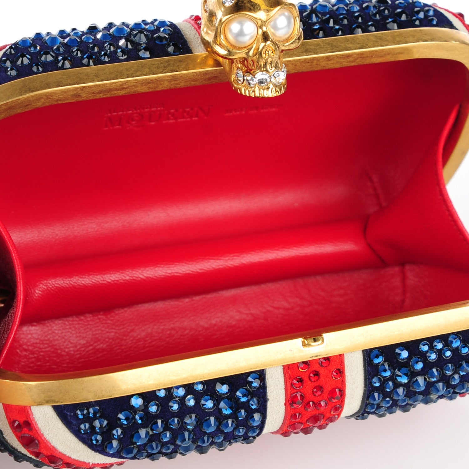 Alexander McQueen Suede Swarovski Crystal Pearl Britannia Skull Box Clutch Red Blue 5 of 7