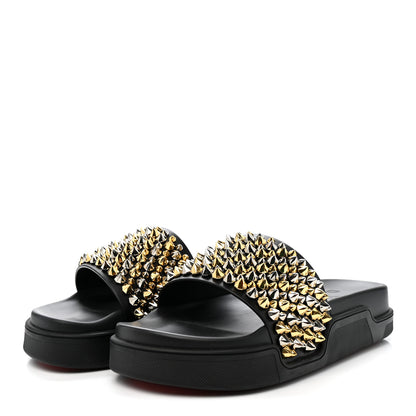 Christian Louboutin Calfskin Studded Mens Pool Roc Flat Slide Sandals 44 Black Multicolor 3 of 11