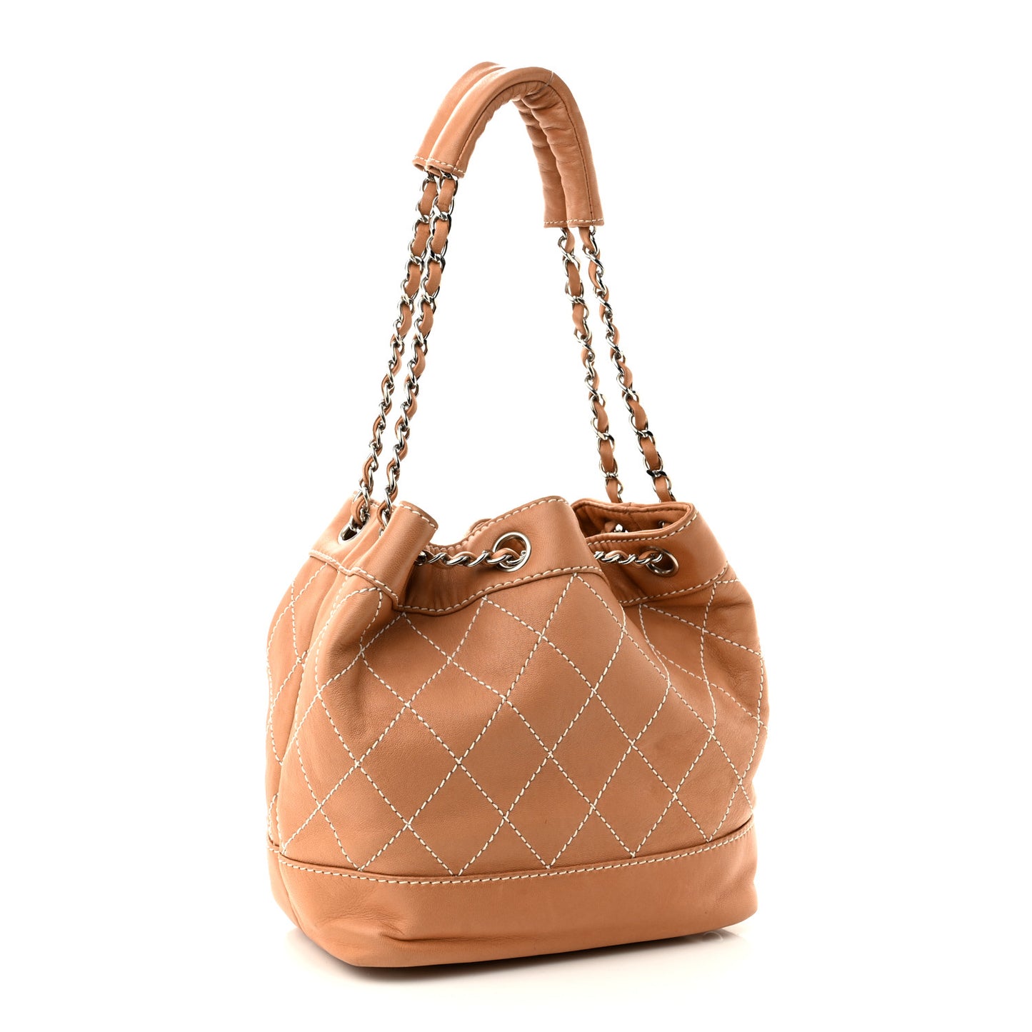 Lambskin Contrast Stitch Small Drawstring Tote Dark Beige