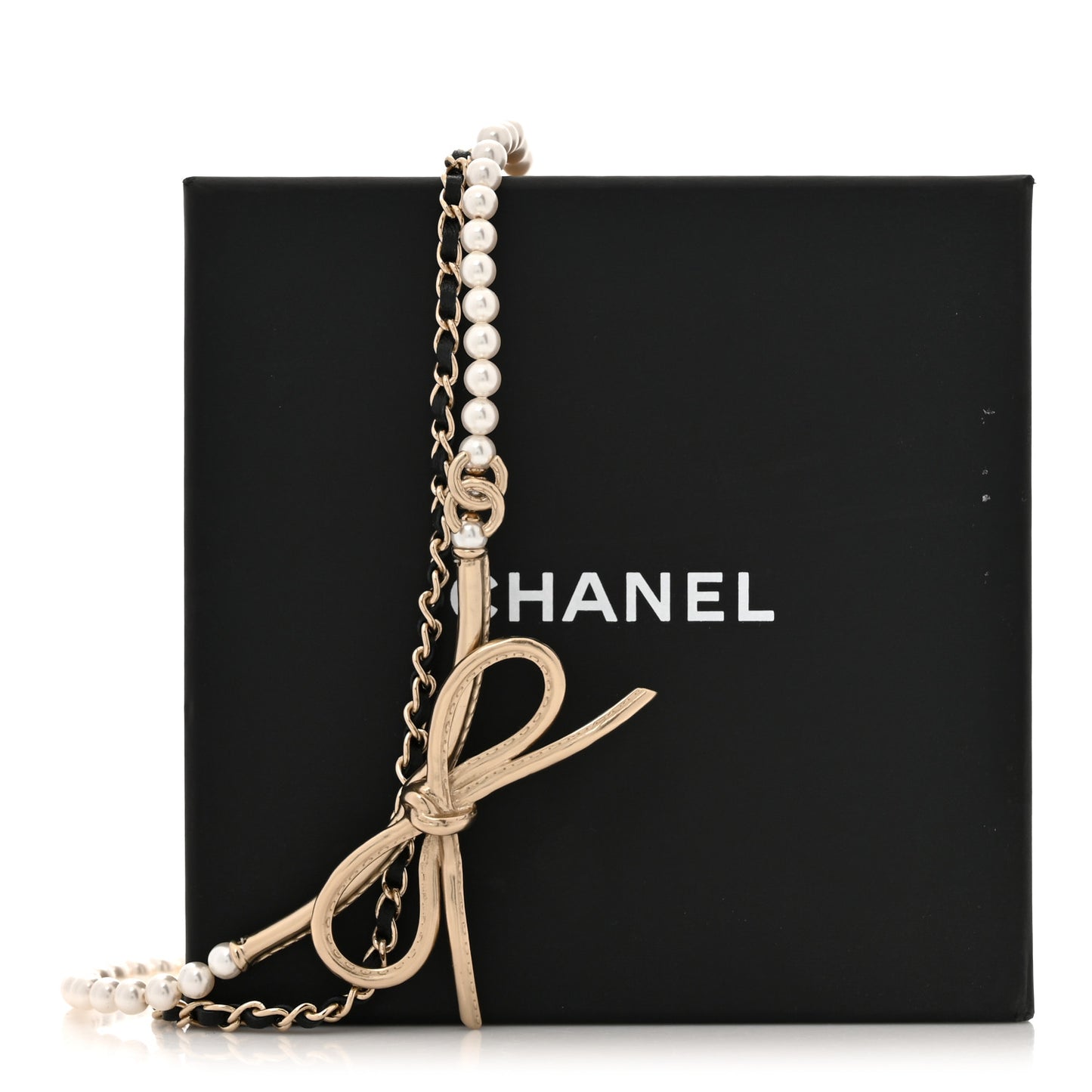 Calfskin Pearl Metal CC Bow Necklace Gold White Black