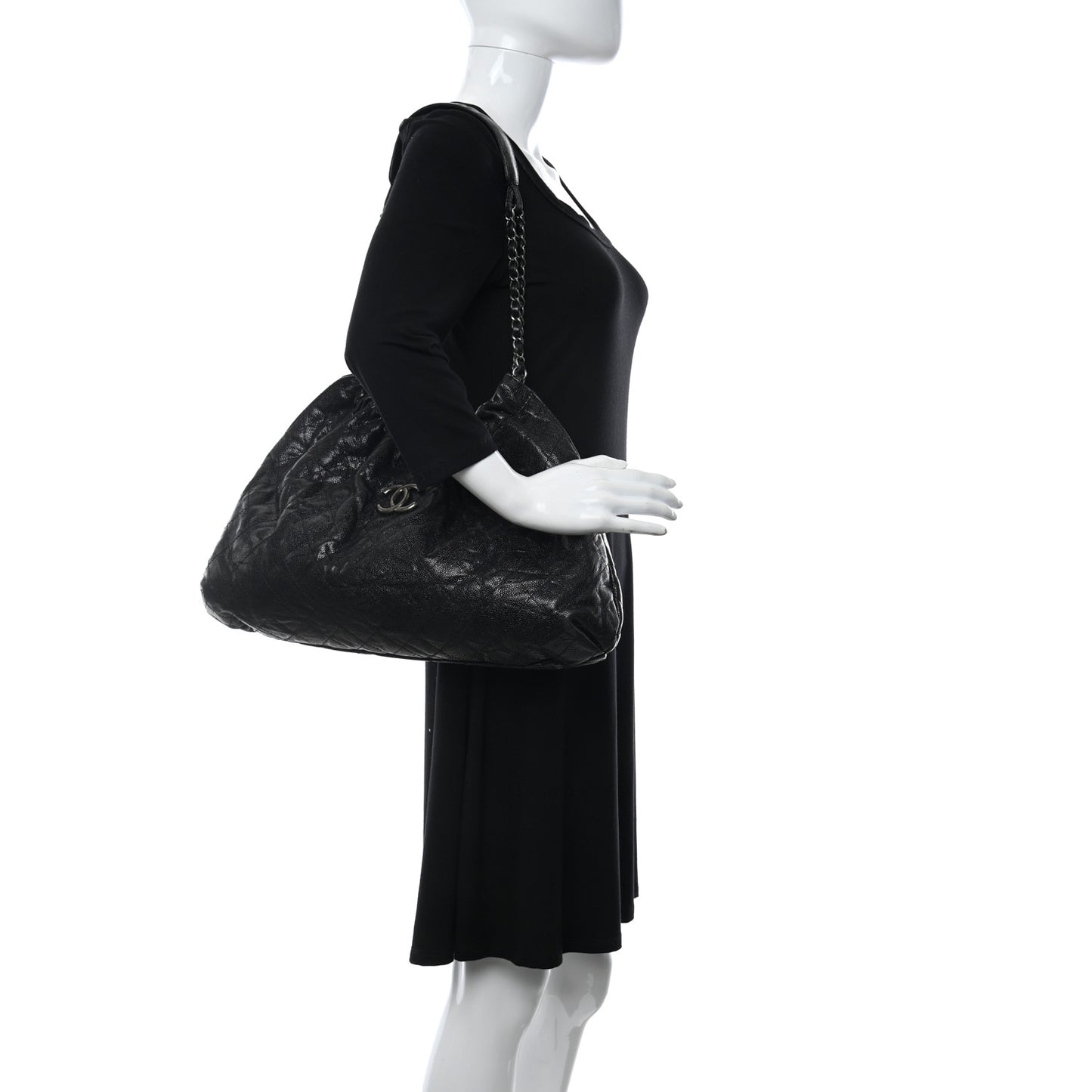 Caviar Quilted Medium Elastic Shopping Tote Black
