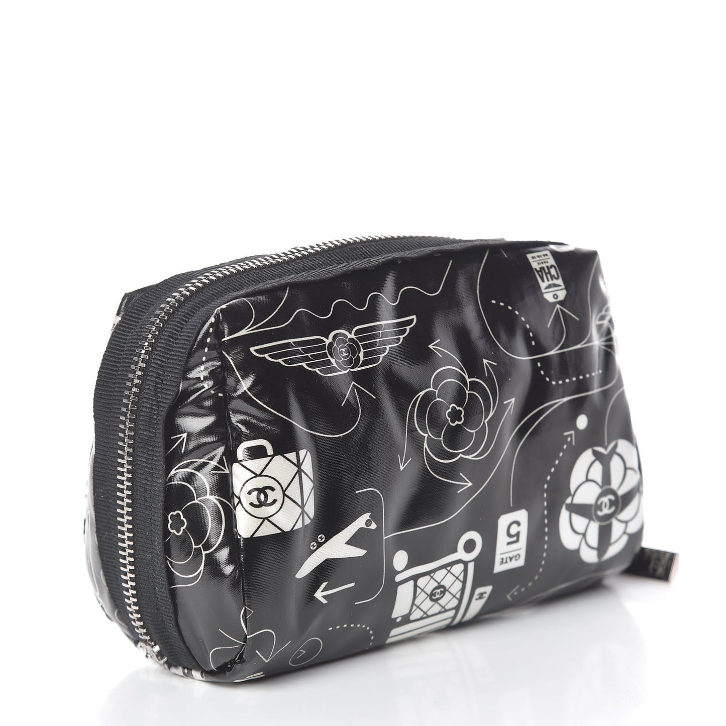 Coated Canvas Airline Cosmetic Pouch Black White