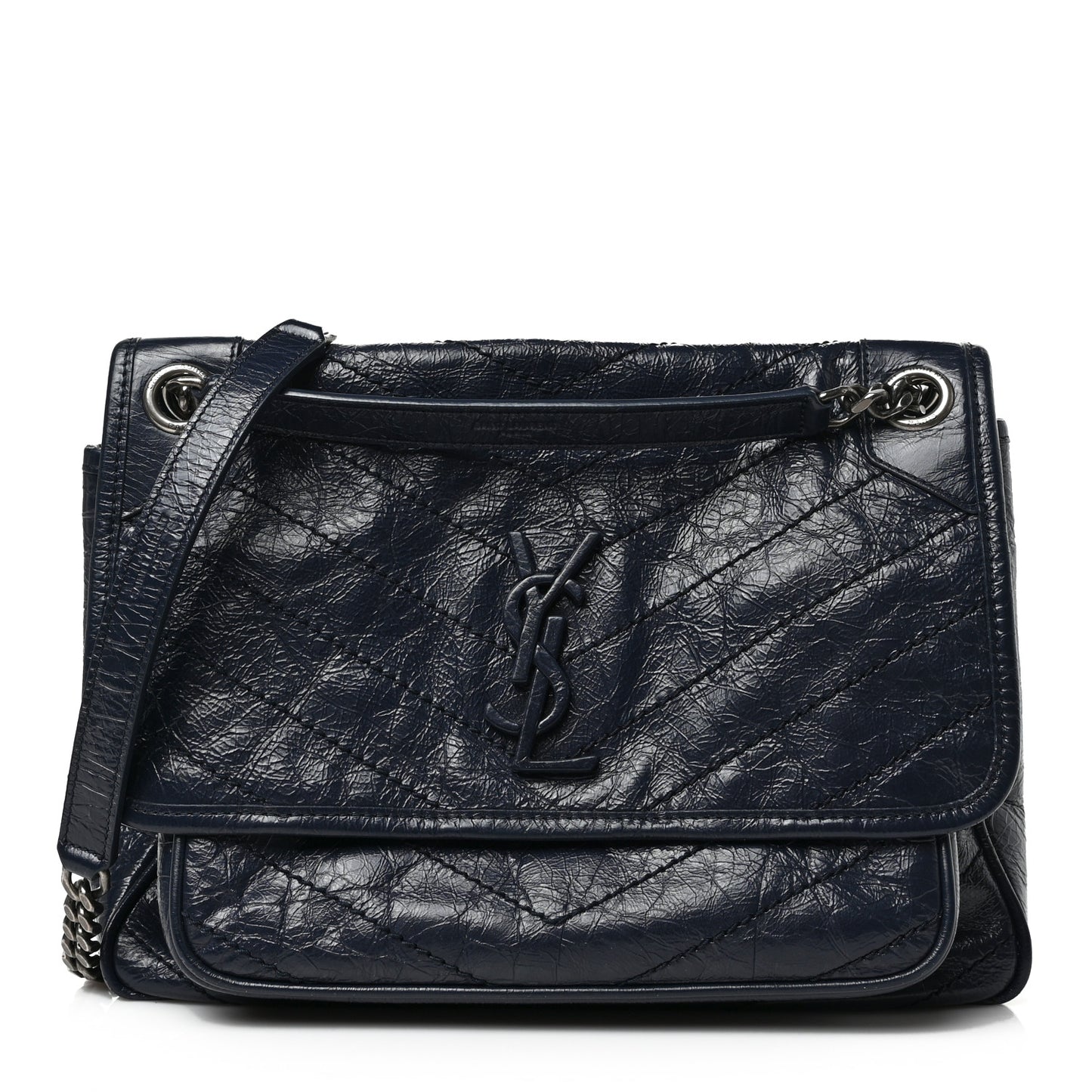 Crinkled Calfskin Matelasse Monogram Medium Niki Chain Satchel Deep Marine