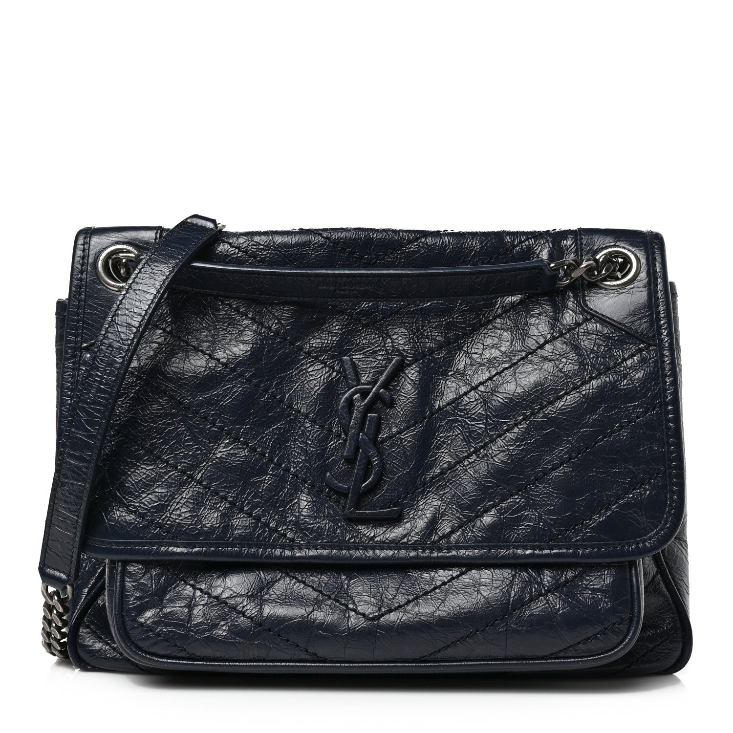Saint Laurent Crinkled Calfskin Matelasse Monogram Medium Niki Chain Satchel Deep Marine 1 of 8