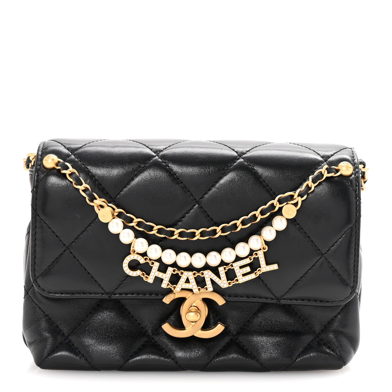 Chanel Shiny Lambskin Quilted Mini Pearl Logo Flap Black 1 of 10