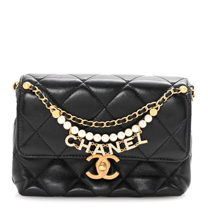 Chanel Shiny Lambskin Quilted Mini Pearl Logo Flap Black 1 of 10