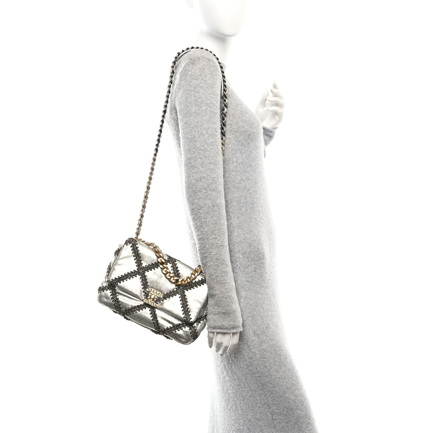 Metallic Calfskin Crochet Medium Chanel 19 Flap Silver