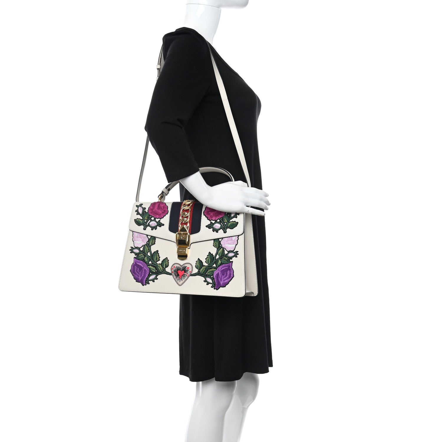 Gucci Calfskin Floral Medium Sylvie Top Handle Bag Off White 2 of 10
