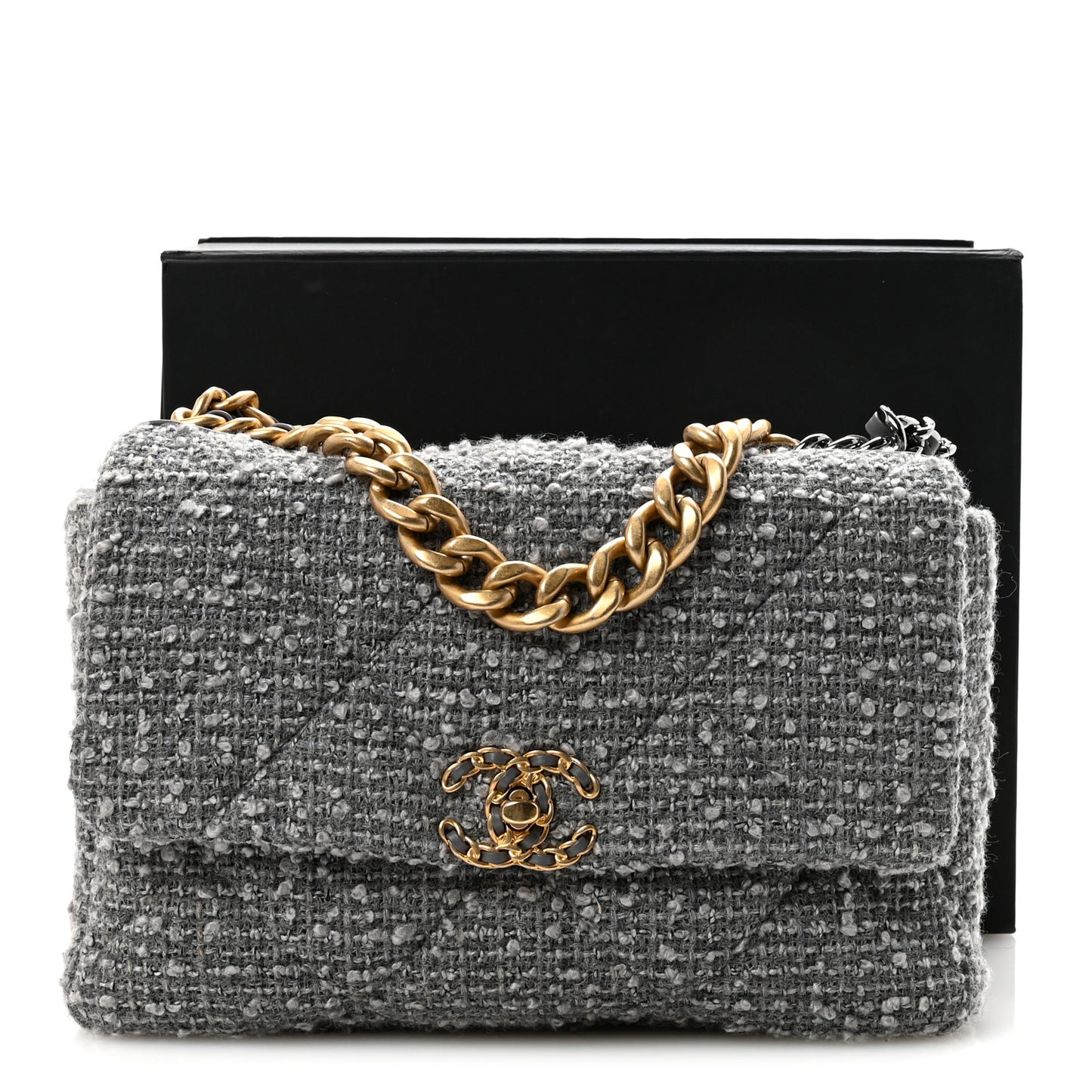 Tweed Quilted Large Chanel 19 Flap Grey