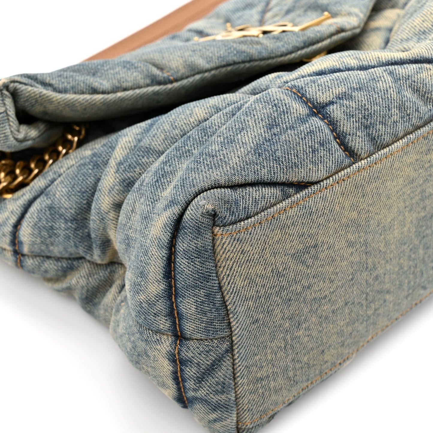 Denim Quilted Small Loulou Puffer Monogram Chain Satchel Blue Cinnamon