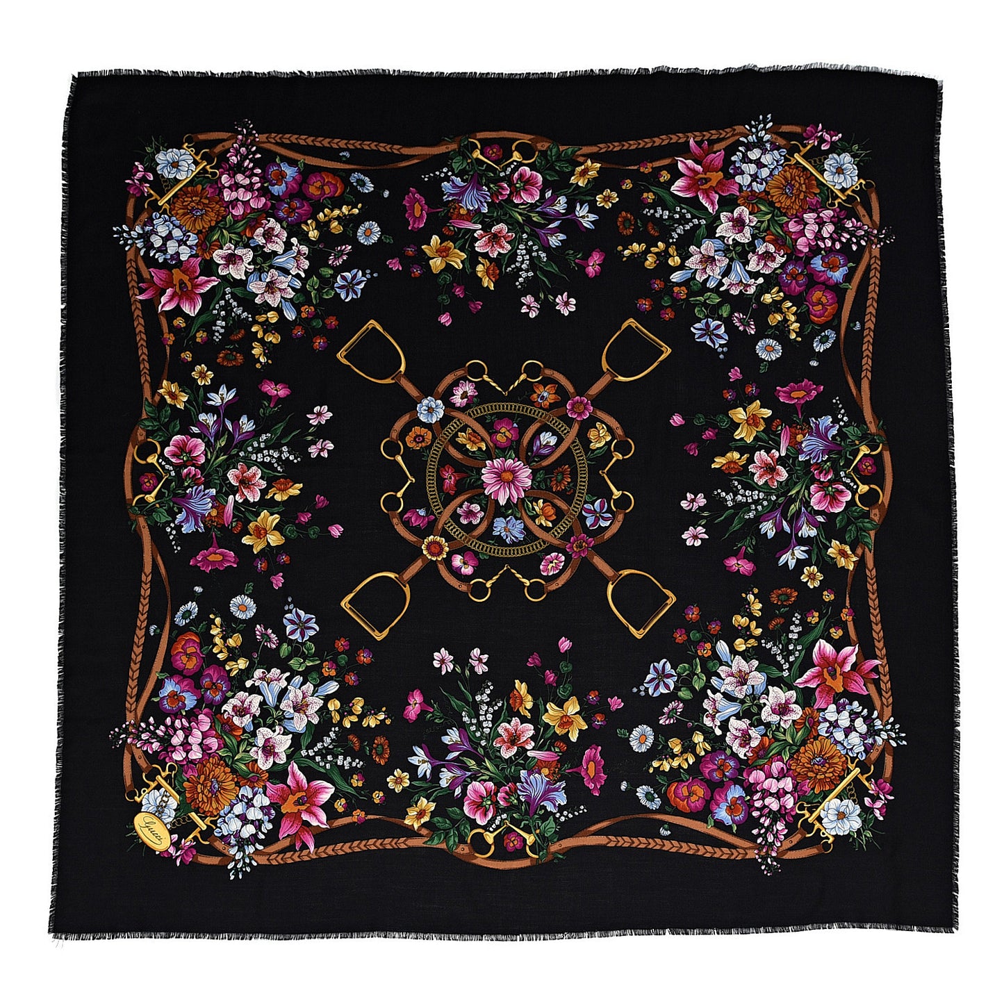 Wool Silk Floral Web Square Scarf Black
