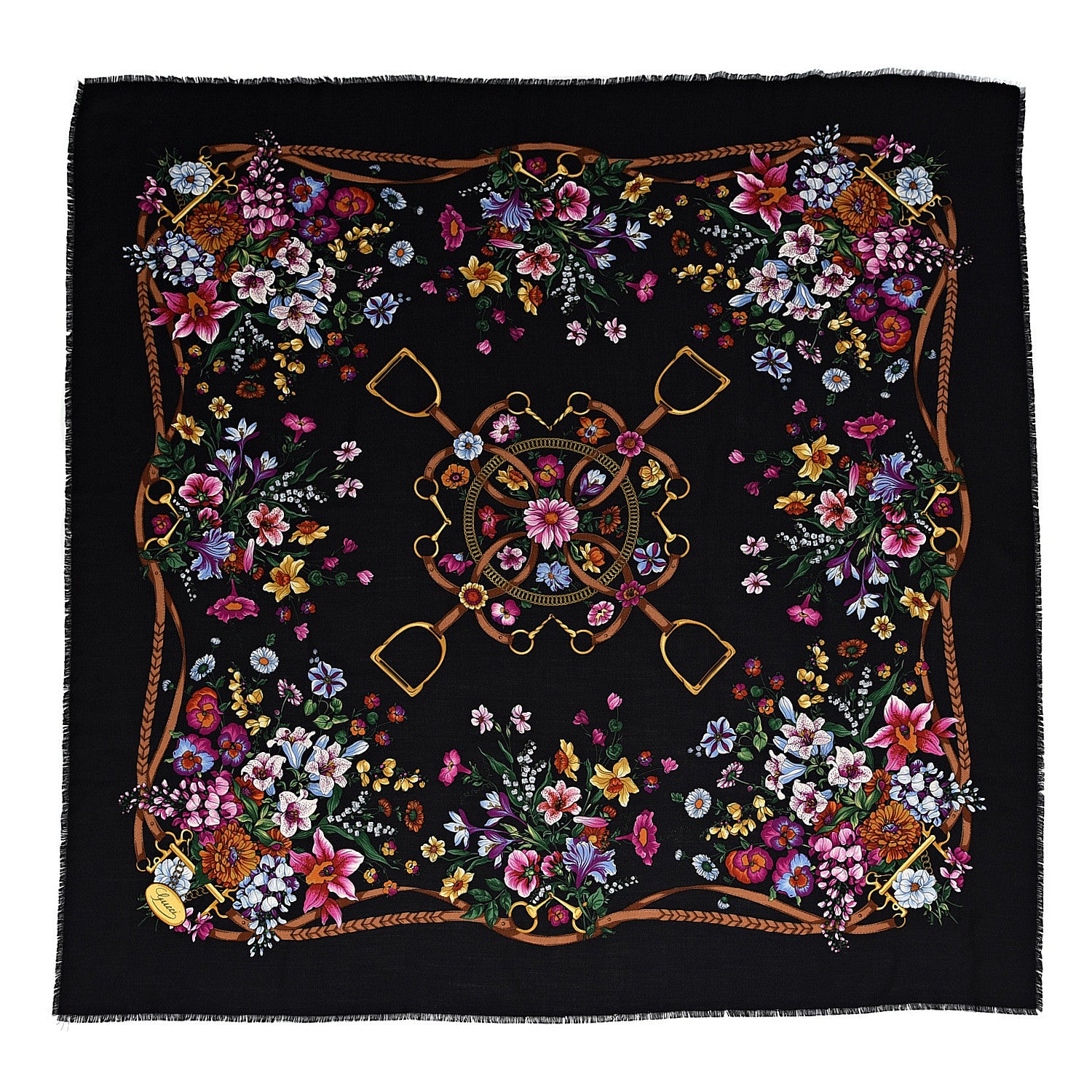 Gucci Wool Silk Floral Web Square Scarf Black 1 of 5
