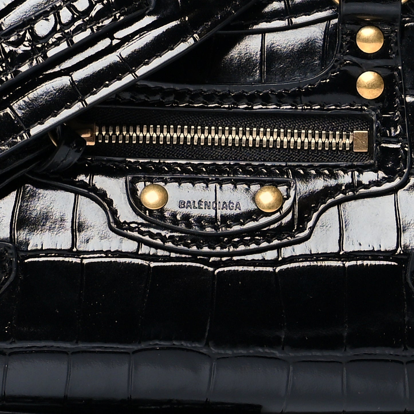 Shiny Supple Calfskin Crocodile Embossed Neo Classic Gold Hardware Nano City Crossbody Black