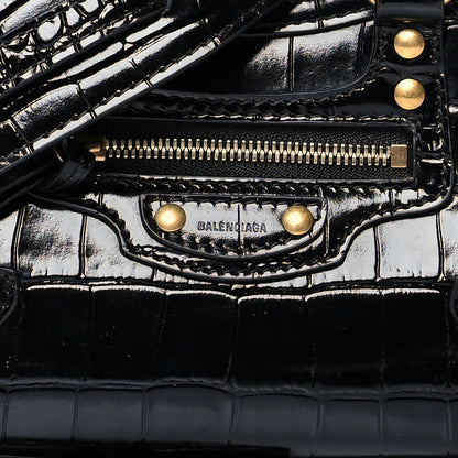 Balenciaga Shiny Supple Calfskin Crocodile Embossed Neo Classic Gold Hardware Nano City Crossbody Black 6 of 8