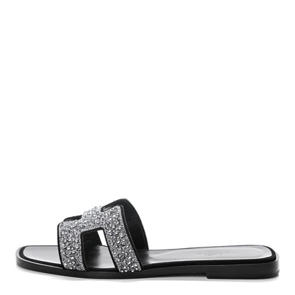 Hermes Velvet Goatskin Crystal Beads Oran Sandals 38 Gris Argente Black 1 of 12