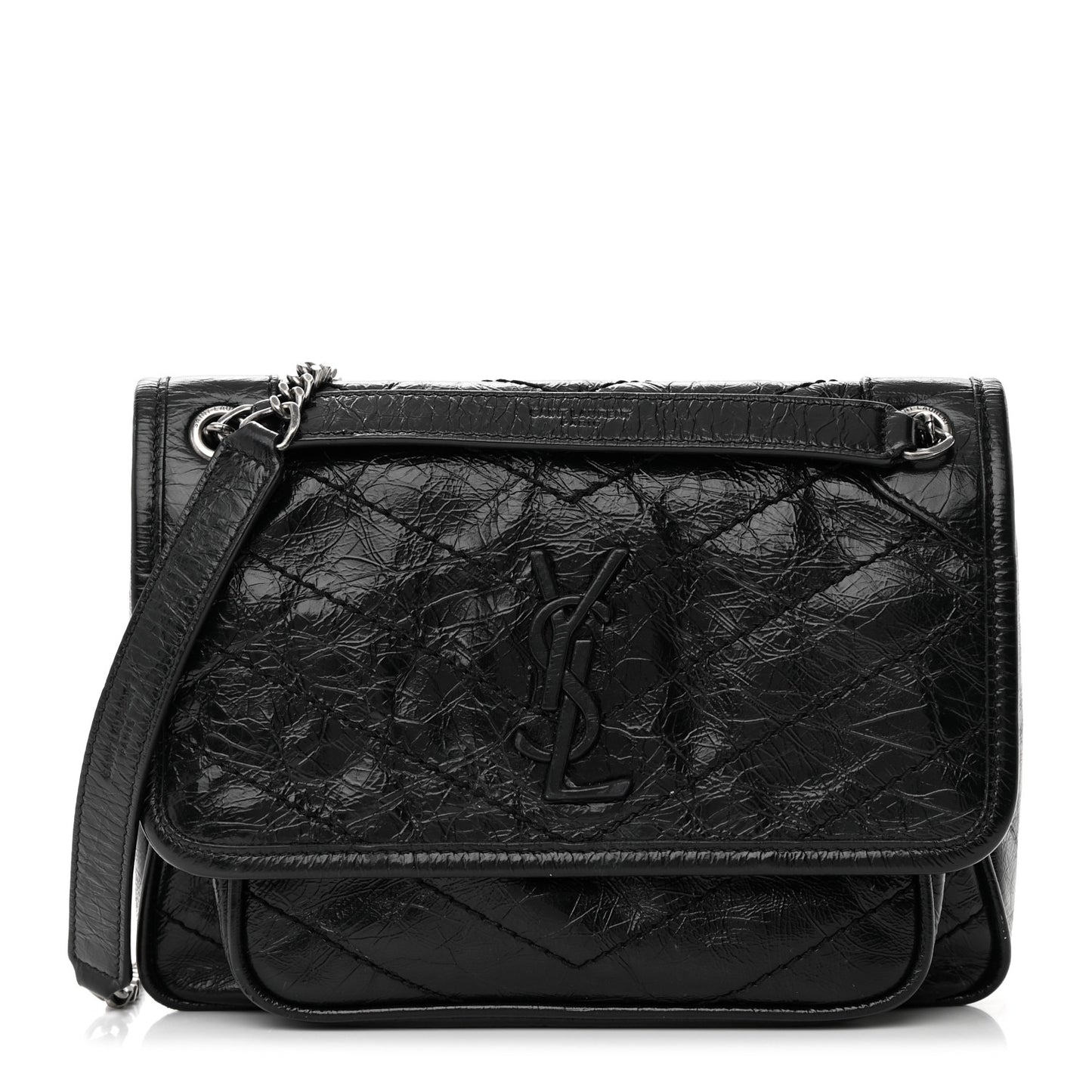 Crinkled Calfskin Matelasse Monogram Baby Niki Chain Satchel Black
