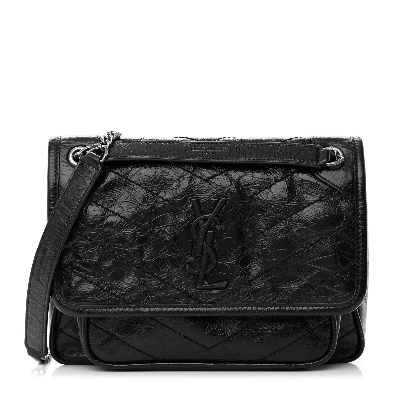 Saint Laurent Crinkled Calfskin Matelasse Monogram Baby Niki Chain Satchel Black 1 of 18