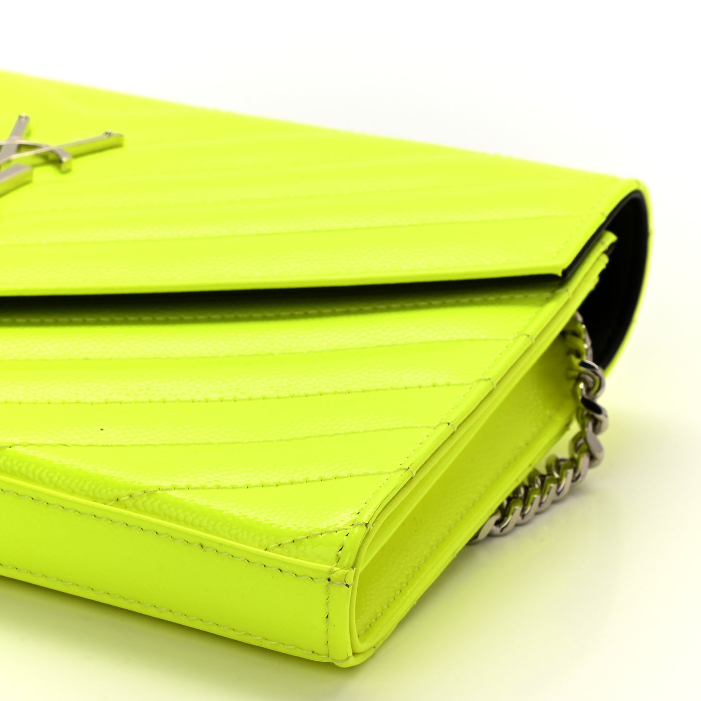 Patent Grain De Poudre Matelasse Chevron Monogram Chain Wallet Neon Yellow
