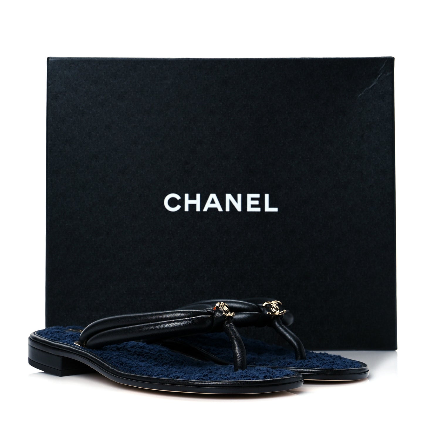Lambskin Fabric CC Thong Sandals 38 Black Dark Navy